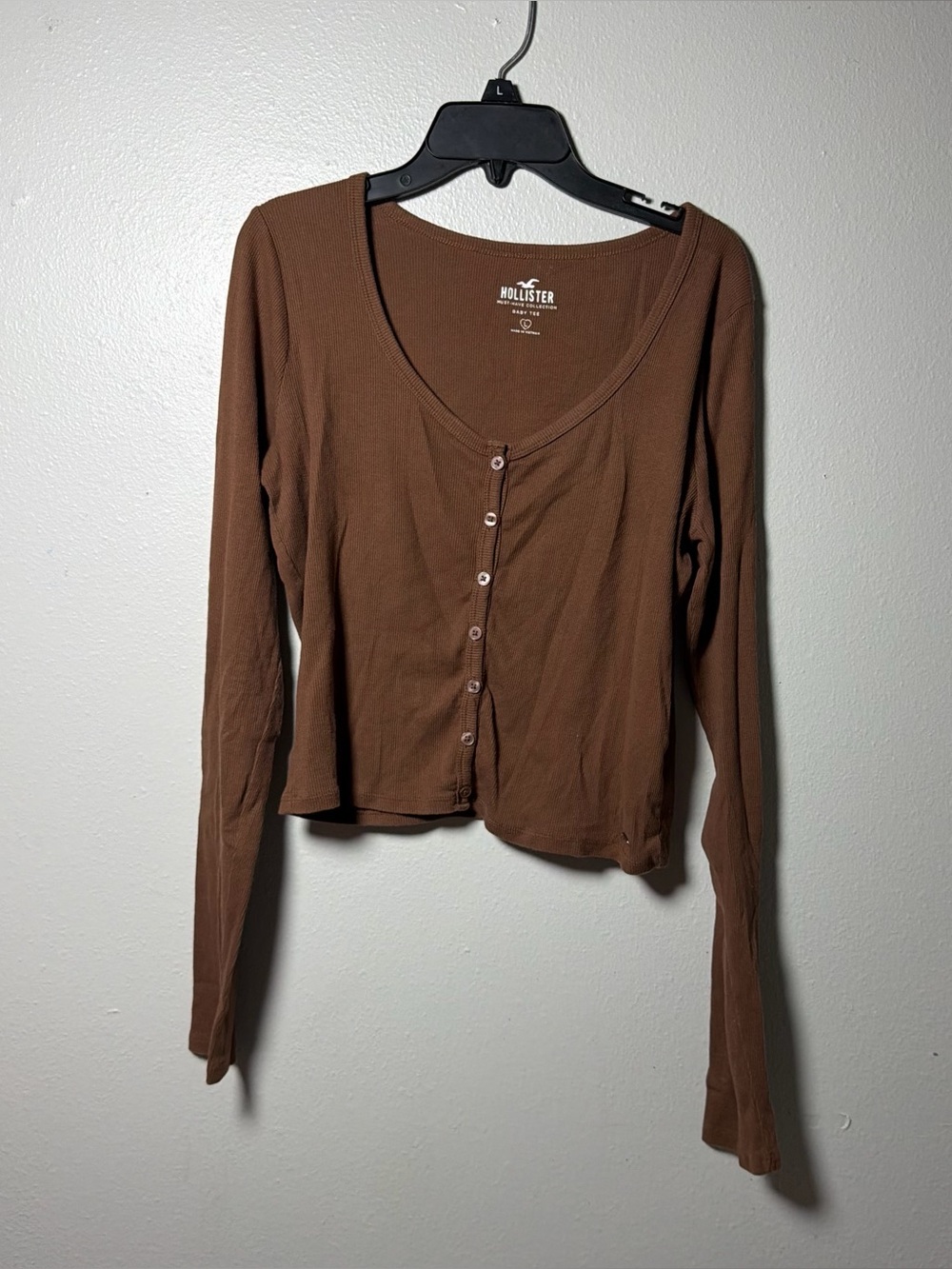 Hollister Women's Brown Button-Front Long Sleeve Top Ribbed Neutral size L